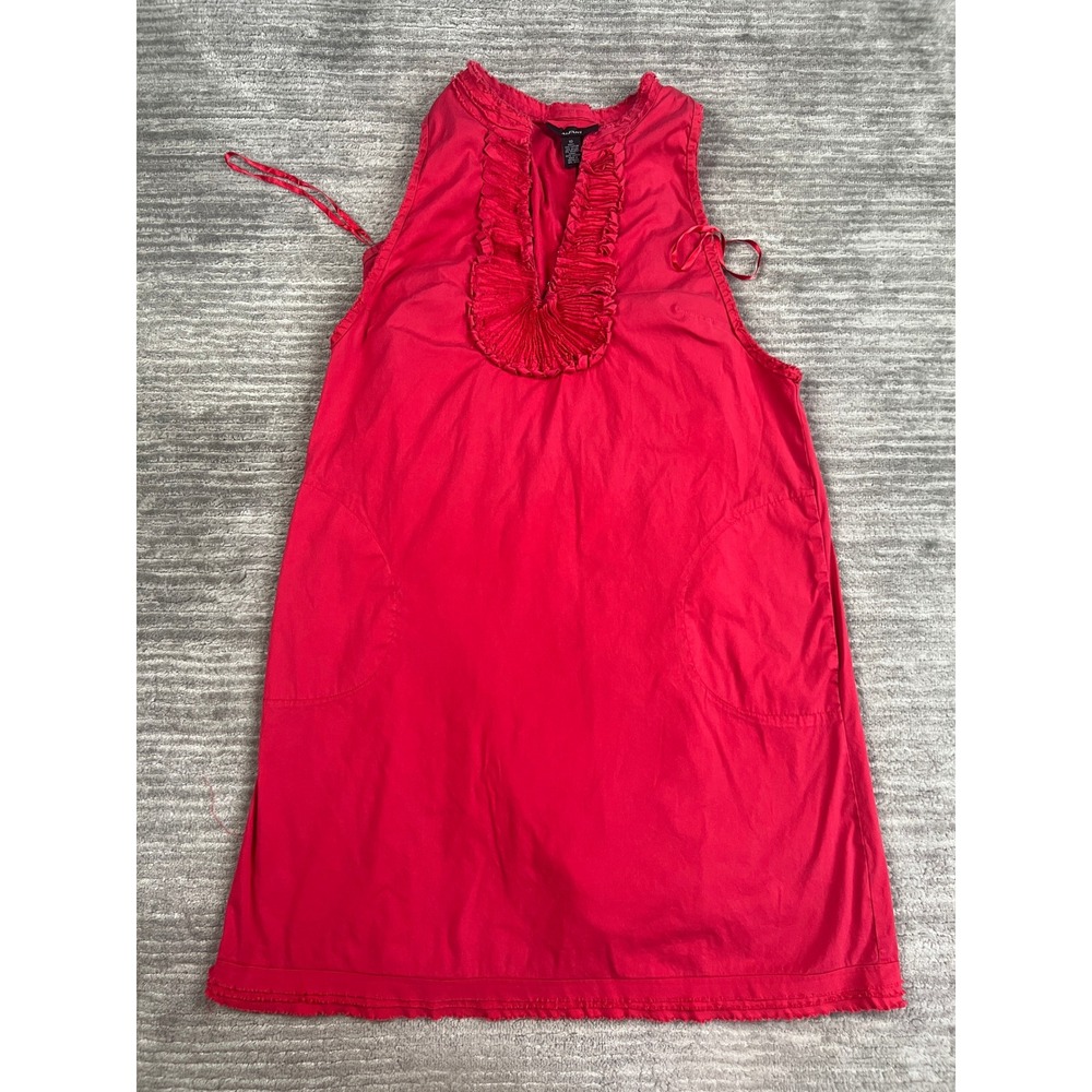 Alfani Dress Womens 10 Red Shift Ruffle V-Neck Sleeveless Pockets Raw Edge Hem